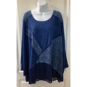 Studio West Apparel Top 2X Tunic Mixed Media Embroidery Blue Boho Lagenlook